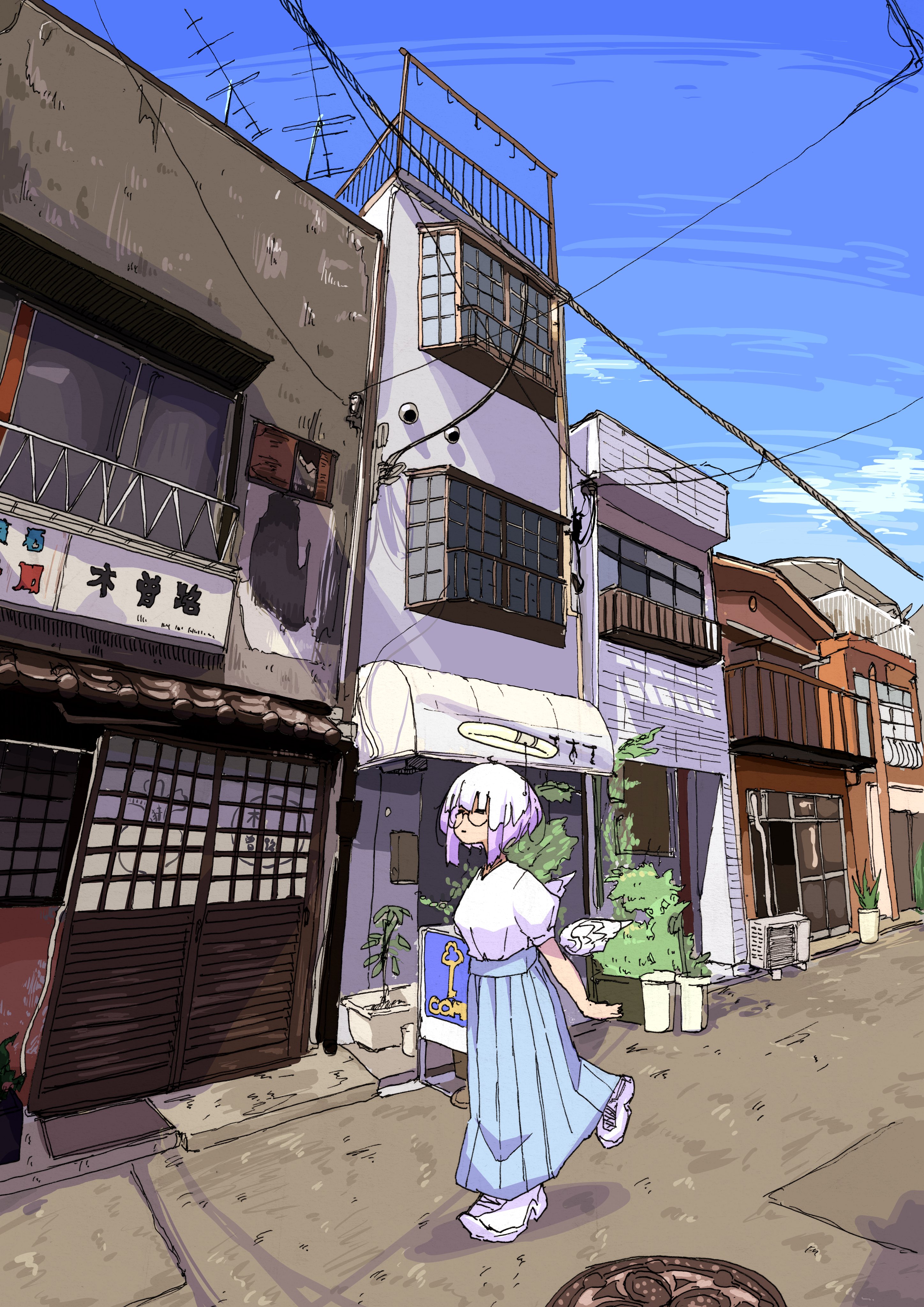 nickel ni plus, original, absurdres, highres, 1girl, blue skirt, blue sky, building, closed eyes, closed mouth, day, detached wings, door, fake halo, halo, long skirt, multicolored hair, outdoors, pink hair, plant, potted plant, power lines, shirt, shirt tucked in, short hair, short sleeves, sign, skirt, sky, solo, walking, white hair, white shirt, white wings, window, wings