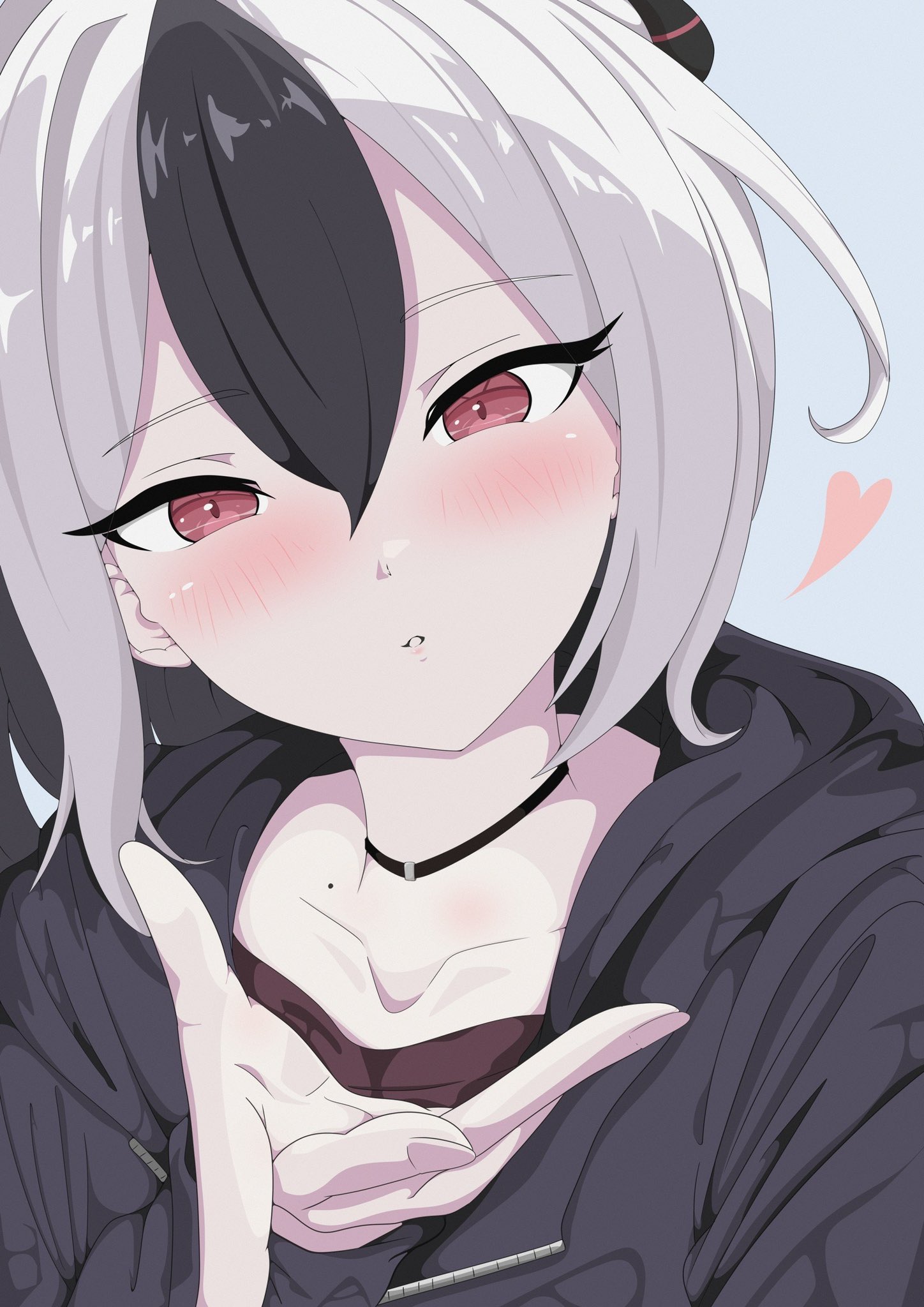 uirou (uirou2024), kayoko (blue archive), blue archive, highres, 1girl, black hair, blush, heart, looking at viewer, mole, multicolored hair, red eyes, solo, two-tone hair, white hair