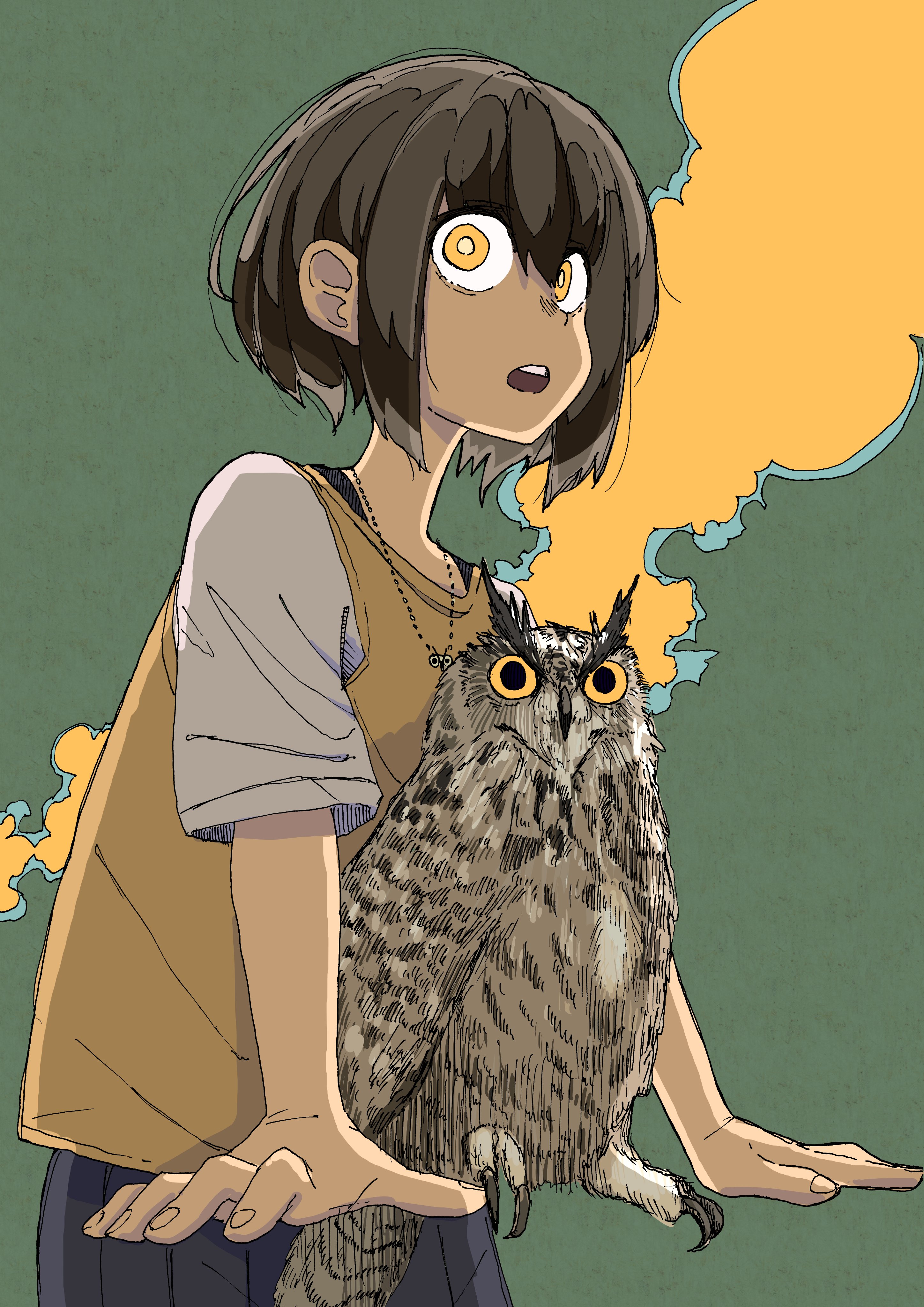 nickel ni plus, original, absurdres, commentary request, highres, 1girl, animal, bird, black skirt, brown hair, hair between eyes, jewelry, looking at viewer, necklace, open mouth, orange eyes, orange vest, owl, shirt, short hair, short sleeves, simple background, skirt, solo, teeth, upper teeth only, vest, wide-eyed