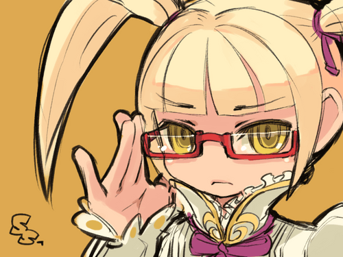 mota, lowres, 1girl, adjusting eyewear, blonde hair, female focus, glasses, red-framed eyewear, simple background, sketch, solo, twintails, yellow eyes