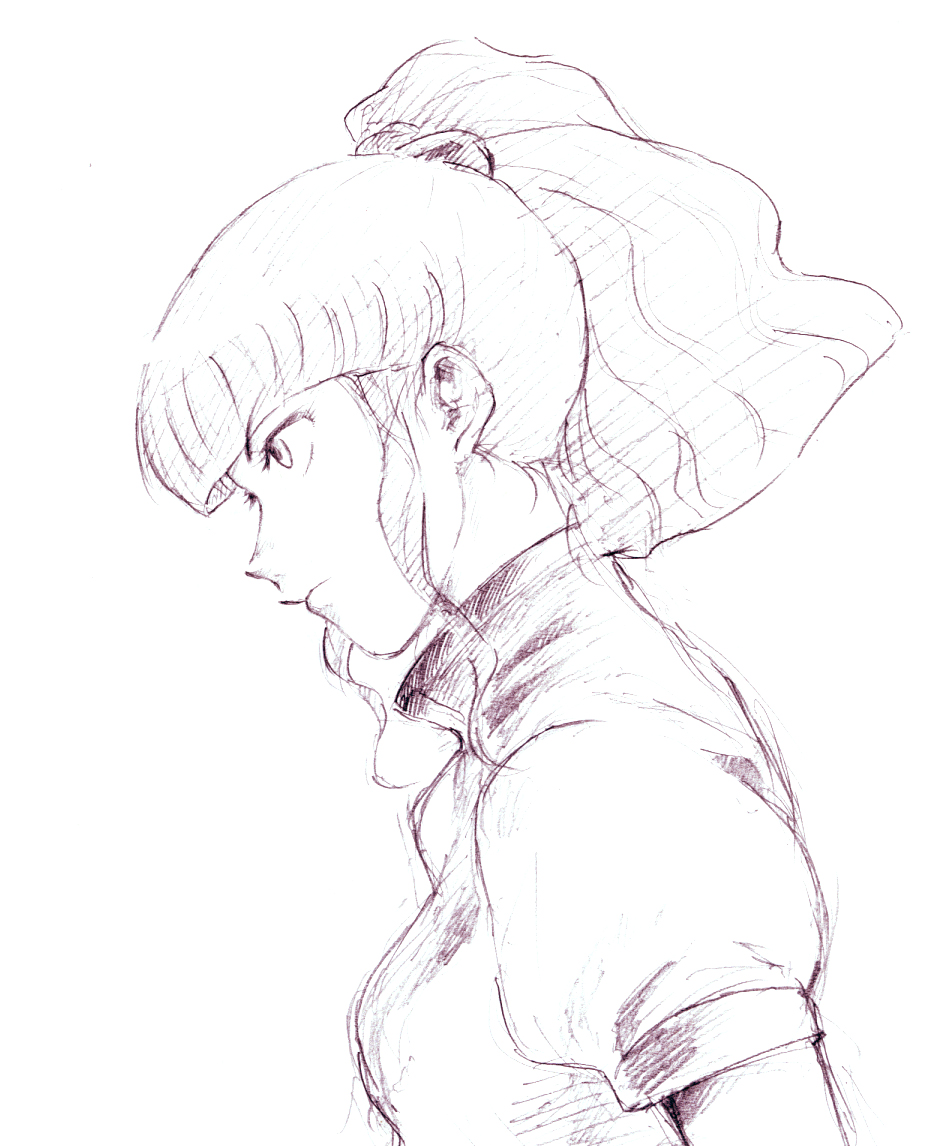 takahashi yoshi gyou, takahasi yoshiyuki, jung freud, top wo nerae!, top wo nerae! (series), 1girl, female focus, monochrome, ponytail, purple theme, sketch, solo