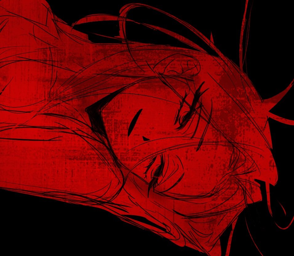 mizi (alien stage), alien stage, commentary, english commentary, 1girl, black background, long hair, lubya, open mouth, red theme, sideways, simple background, smile, solo