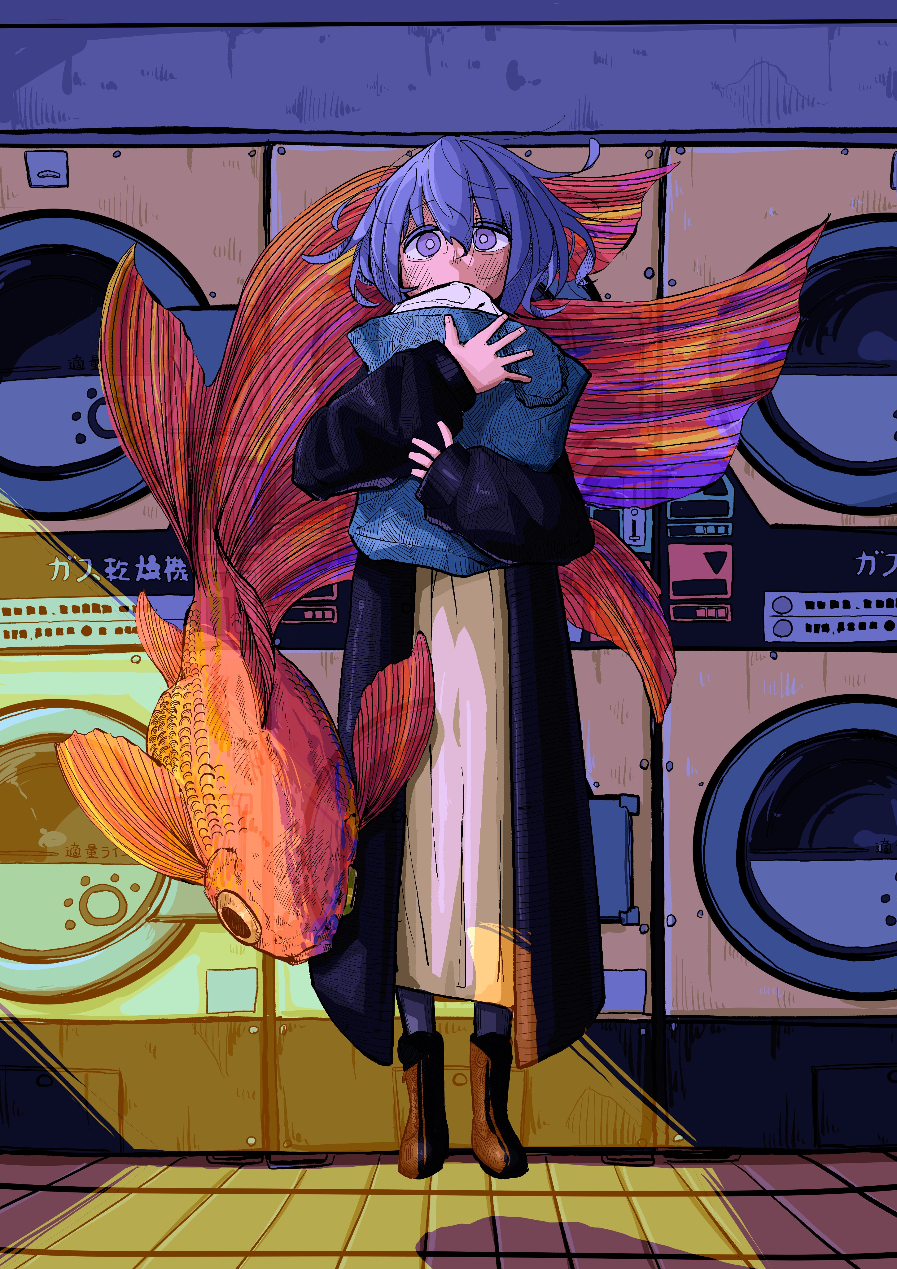 nickel ni plus, original, absurdres, commentary, highres, 1girl, black boots, black coat, blue hair, boots, coat, dress, fish, full body, goldfish, hair between eyes, holding, laundry basket, long sleeves, looking at viewer, purple eyes, sleeves past wrists, solo, standing, washing machine, white dress