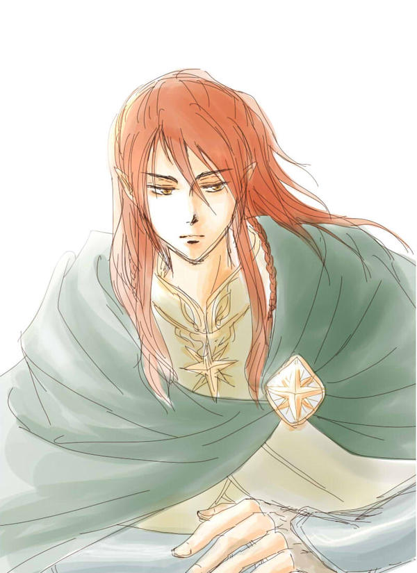 mintkim, maedhros, the silmarillion, tolkien's legendarium, 1boy, braid, brown eyes, cloak, closed mouth, collar, elf, eyebrows hidden by hair, fingerless gloves, floating hair, gloves, looking to the side, male focus, pointy ears, red hair, sidelocks, simple background, solo, upper body, white background