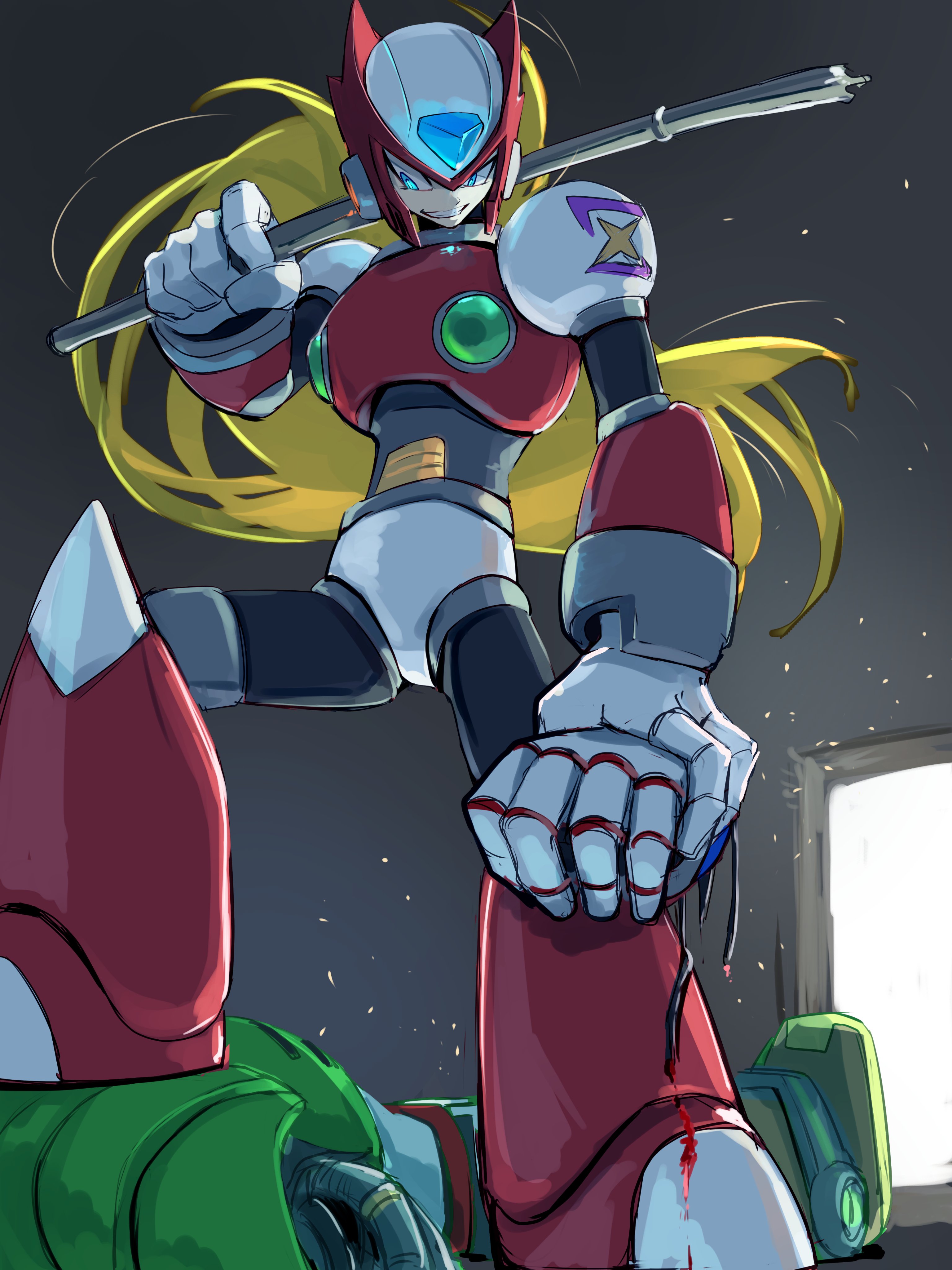 omochi (mochi skymega), sigma (mega man), zero (mega man), mega man (series), mega man x4, mega man x (series), absurdres, highres, 2boys, armor, blonde hair, blue eyes, chest jewel, forehead jewel, green armor, helmet, holding, holding lead pipe, lead pipe, long hair, male focus, multiple boys, parted lips, red armor, red helmet, smirk, solo focus, standing on person