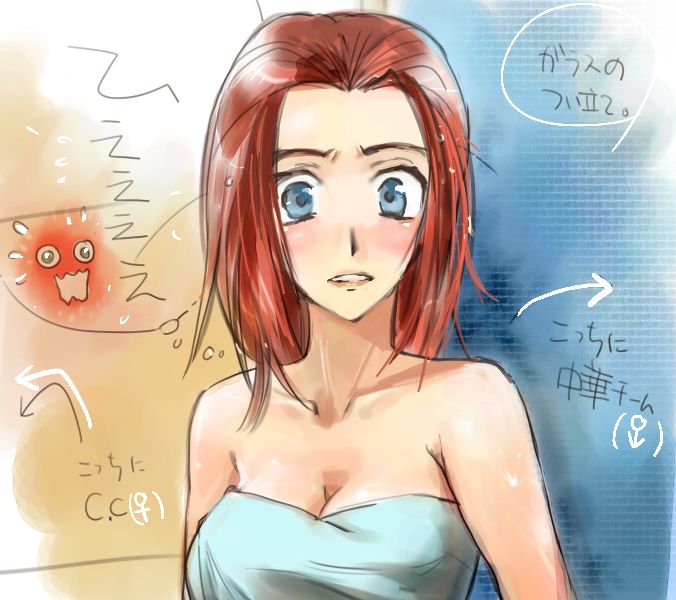 memejiro, kouzuki kallen, code geass, translation request, 00s, blue eyes, blush, naked towel, pink hair, red hair, short hair, solo, towel, wet