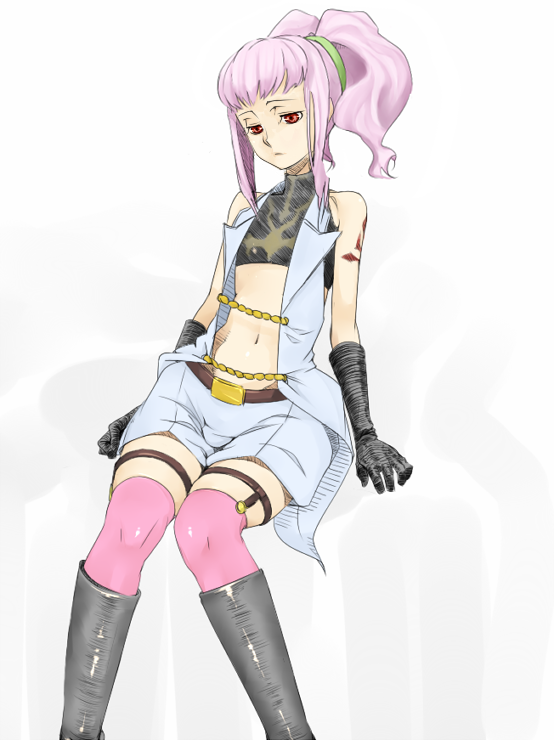 monomemo, anya alstreim, code geass, 00s, expressionless, hip focus, pink hair, solo, tattoo, thighhighs, wide hips