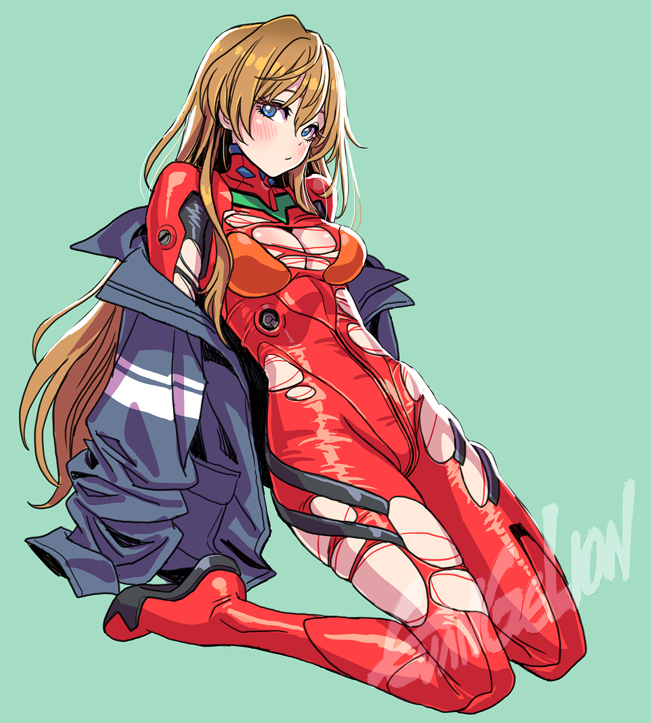 yamashita shun'ya, souryuu asuka langley, neon genesis evangelion, highres, 1girl, blue eyes, blush, bodysuit, breasts, brown hair, full body, green background, jacket, long hair, looking at viewer, mecha pilot suit, open clothes, open jacket, plugsuit (evangelion), red bodysuit, simple background, solo, torn clothes