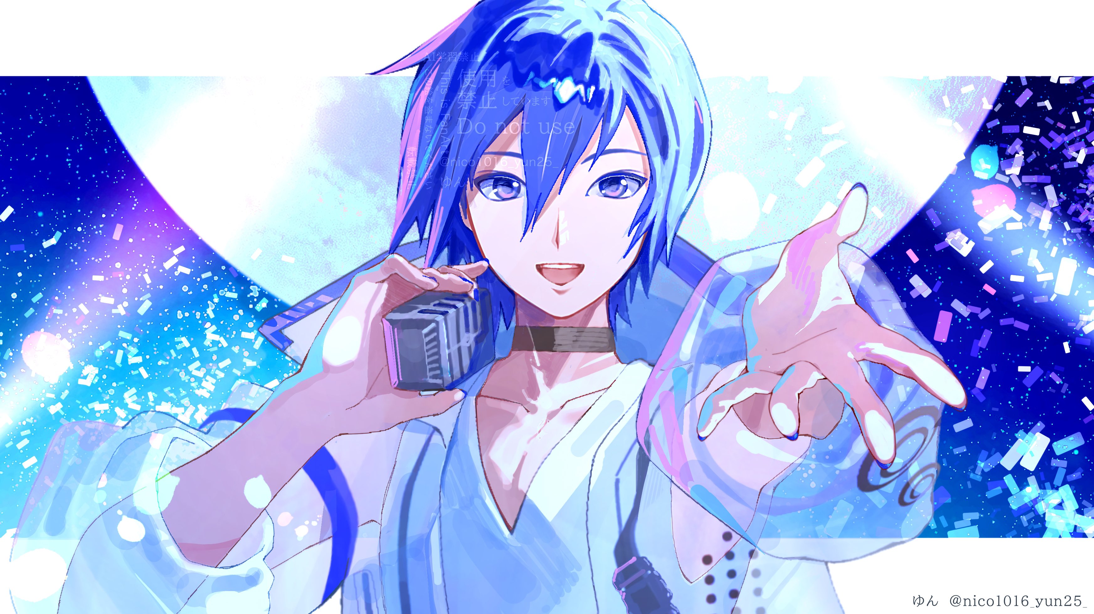 nico1016, kaito (vocaloid), vocaloid, absurdres, commentary request, highres, 1boy, black choker, blue eyes, blue hair, choker, hands up, holding, holding microphone, looking at viewer, male focus, microphone, open mouth, outstretched arm, outstretched hand, solo, teeth, twitter username, upper body, upper teeth only, v-neck, watermark