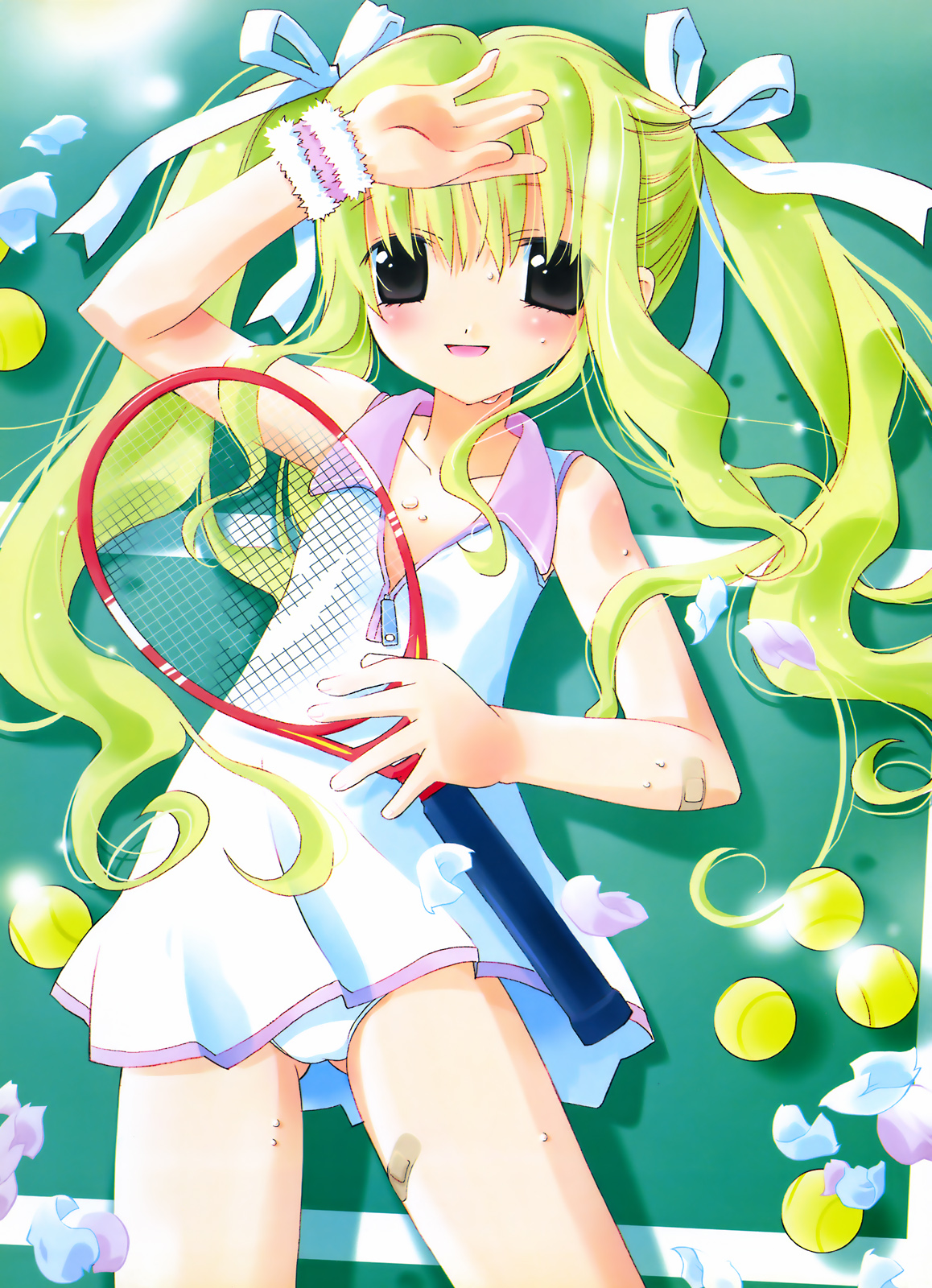 noto (soranoto), dengeki moeoh, original, highres, 1girl, :d, ball, bandaid, bandaid on arm, black eyes, blonde hair, blush, cowboy shot, female focus, flat chest, from above, loli, long hair, lying, on back, open mouth, panties, pantyshot, racket, ribbon, shading eyes, smile, solo, sportswear, sweat, tennis, tennis ball, tennis racket, tennis uniform, twintails, underwear, white panties