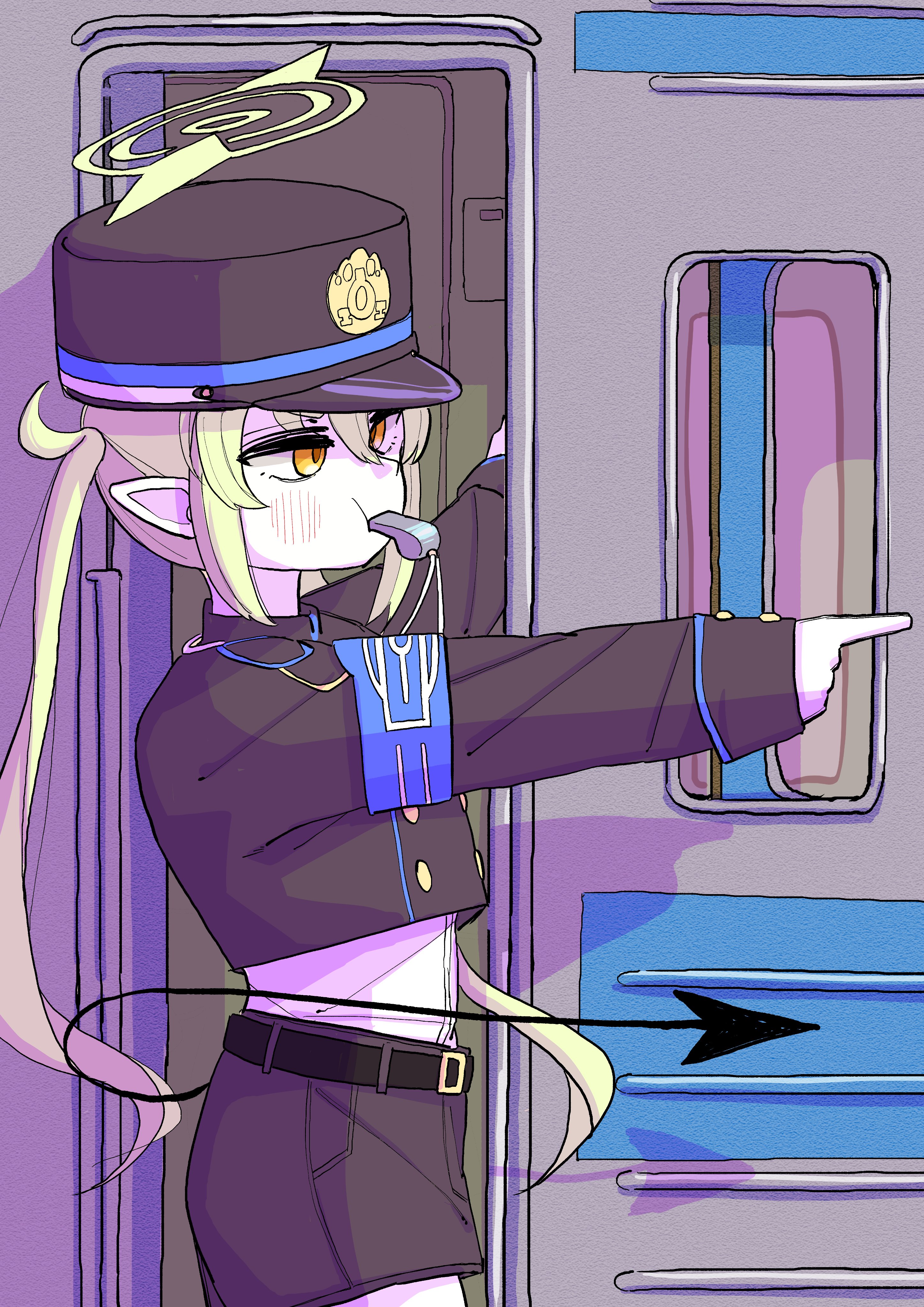 nickel ni plus, nozomi (blue archive), blue archive, absurdres, commentary request, highres, 1girl, armband, belt, black hat, black jacket, black shorts, blue armband, blush, from side, green hair, hair between eyes, halo, hat, jacket, long hair, long sleeves, mouth hold, orange hair, pantyhose, pointing, pointy ears, shirt, shorts, solo, tail, train, twintails, whistle, whistle around neck, white pantyhose, white shirt