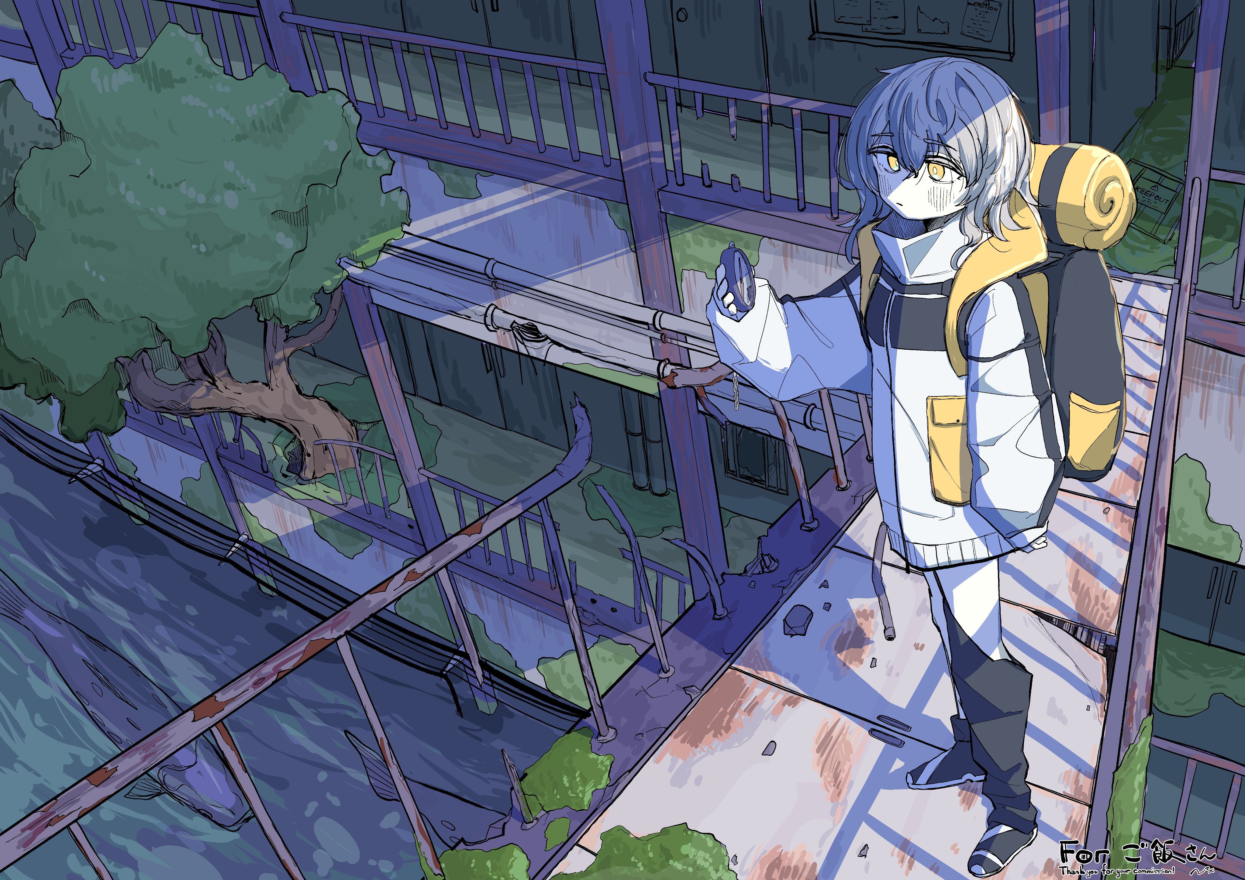 nickel ni plus, original, absurdres, commission, highres, 1girl, backpack, bag, closed mouth, compass, fish, grey hair, holding, holding compass, jacket, long sleeves, medium hair, moss, overgrown, pale skin, railing, rust, solo, standing, tree, water, yellow eyes