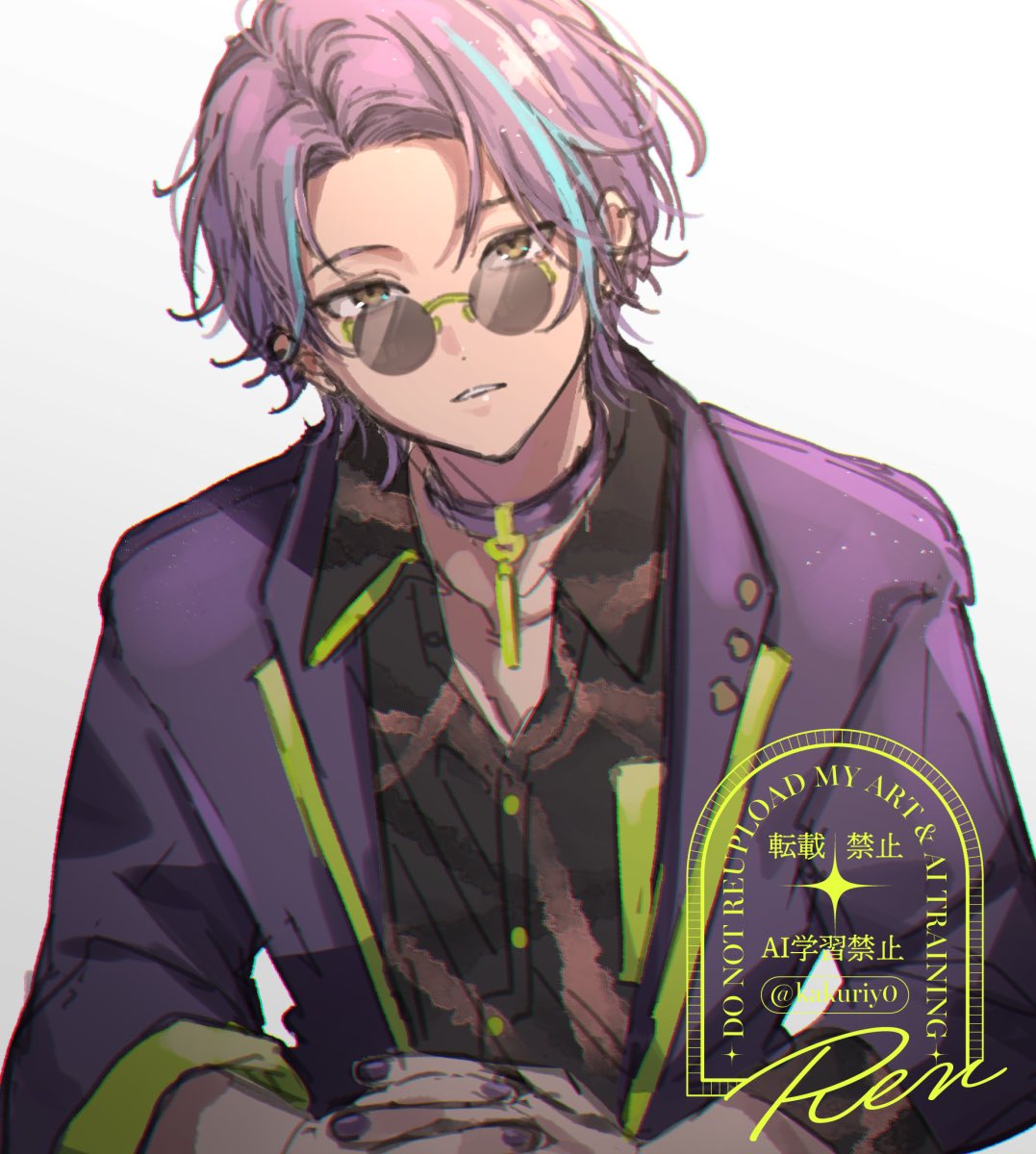 rn (kicakabe), kamishiro rui, project sekai, commentary, highres, symbol-only commentary, 1boy, bespectacled, blue hair, choker, collared shirt, deep dark for light (project sekai), ear piercing, fingernails, glasses, gradient background, interlocked fingers, lapels, looking at viewer, male focus, nail polish, official alternate costume, official alternate hairstyle, own hands together, parted hair, parted lips, piercing, purple hair, purple nails, shawl lapels, shirt, simple background, solo, three-quarter sleeves, twitter username, upper body, watermark, yellow eyes