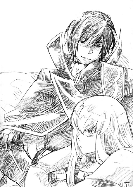 c.c., lelouch vi britannia, code geass, traditional media, 00s, 1boy, 1girl, blush, closed eyes, collar, greyscale, long hair, long sleeves, looking at viewer, monochrome, simple background, sitting, very long hair, white background