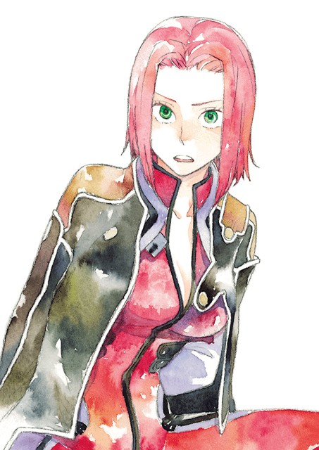 kouzuki kallen, code geass, traditional media, 00s, 1girl, breasts, cleavage, female focus, jacket, large breasts, red hair, solo