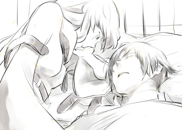 c.c., lelouch vi britannia, code geass, 00s, 1boy, 1girl, blush, clenched teeth, closed eyes, exhausted, greyscale, long hair, lying, monochrome, on back, open mouth, pillow, sick, sleeping, straitjacket, teeth