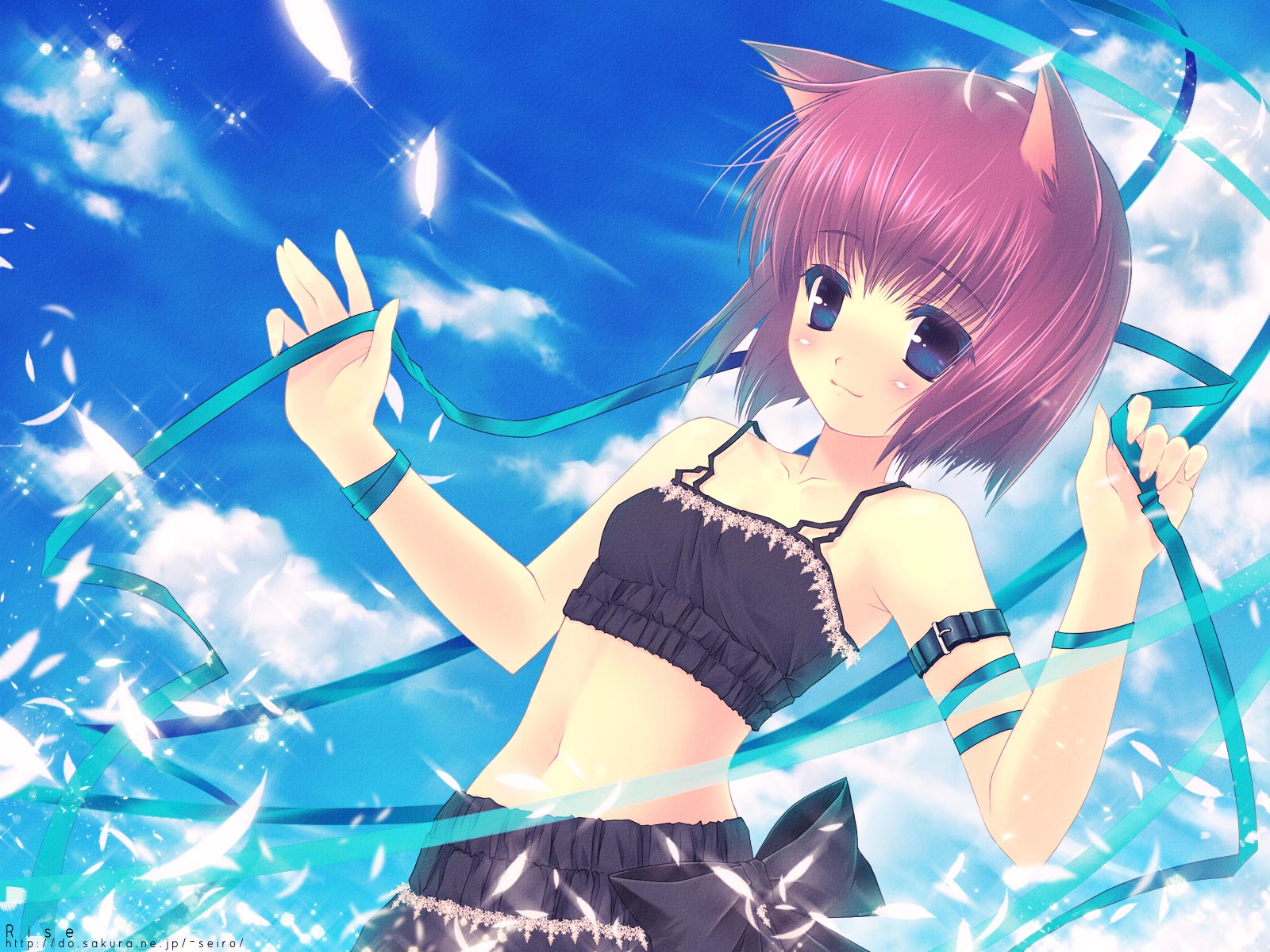 touto seiro, original, highres, 1girl, animal ears, bare shoulders, blue eyes, blush, cat ears, cloud, collarbone, day, feathers, female focus, looking at viewer, midriff, navel, outdoors, pink hair, red hair, ribbon, short hair, sky, sleeveless, solo, water, watermark