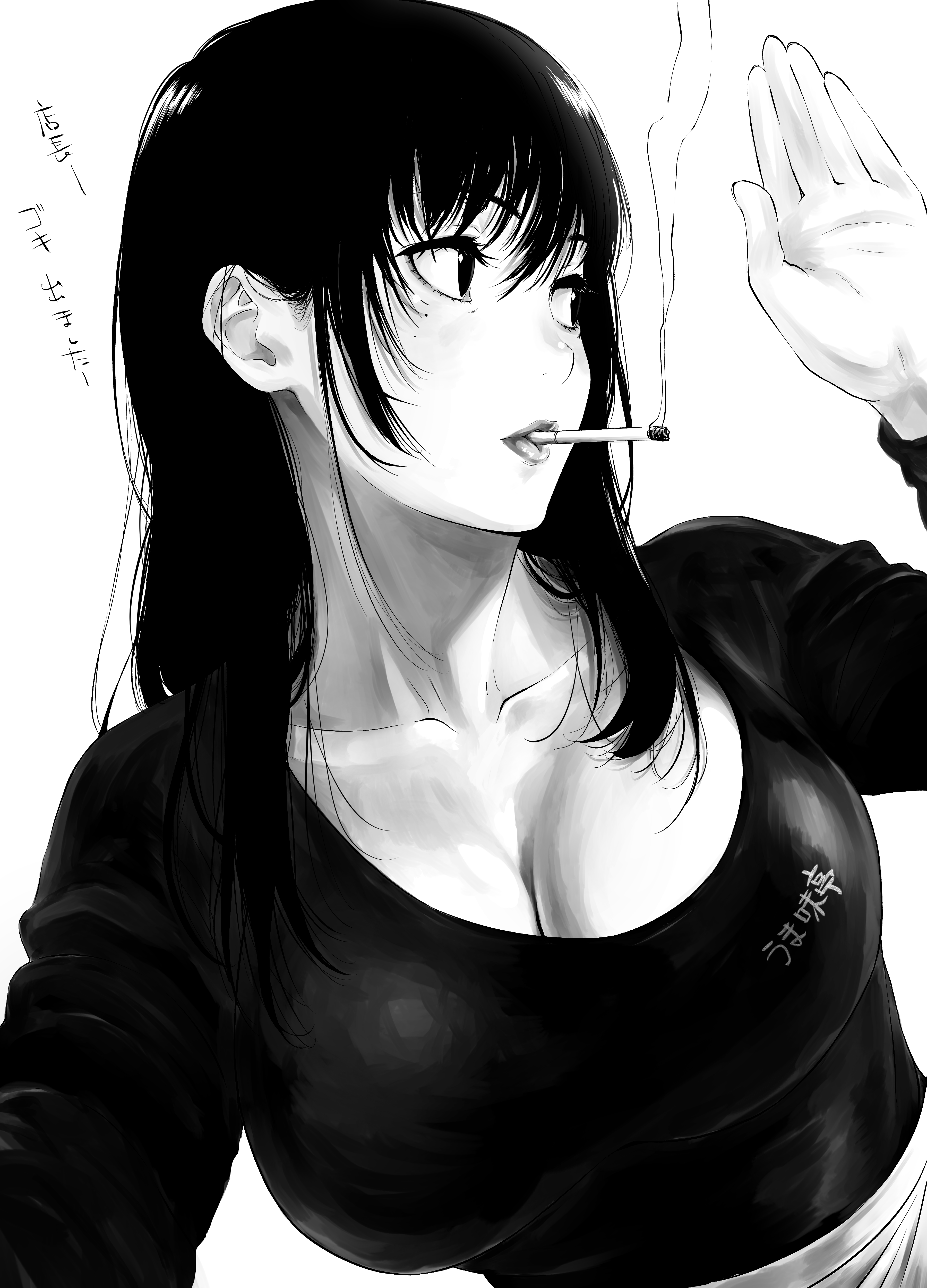 kakitama, original, absurdres, commentary request, highres, translation request, 1girl, breasts, cigarette, cleavage, clothes writing, collarbone, hair over shoulder, hand up, huge breasts, long hair, long sleeves, looking to the side, open mouth, palms, shirt, sidelocks, simple background, smoking, solo, turning head, upper body, white background