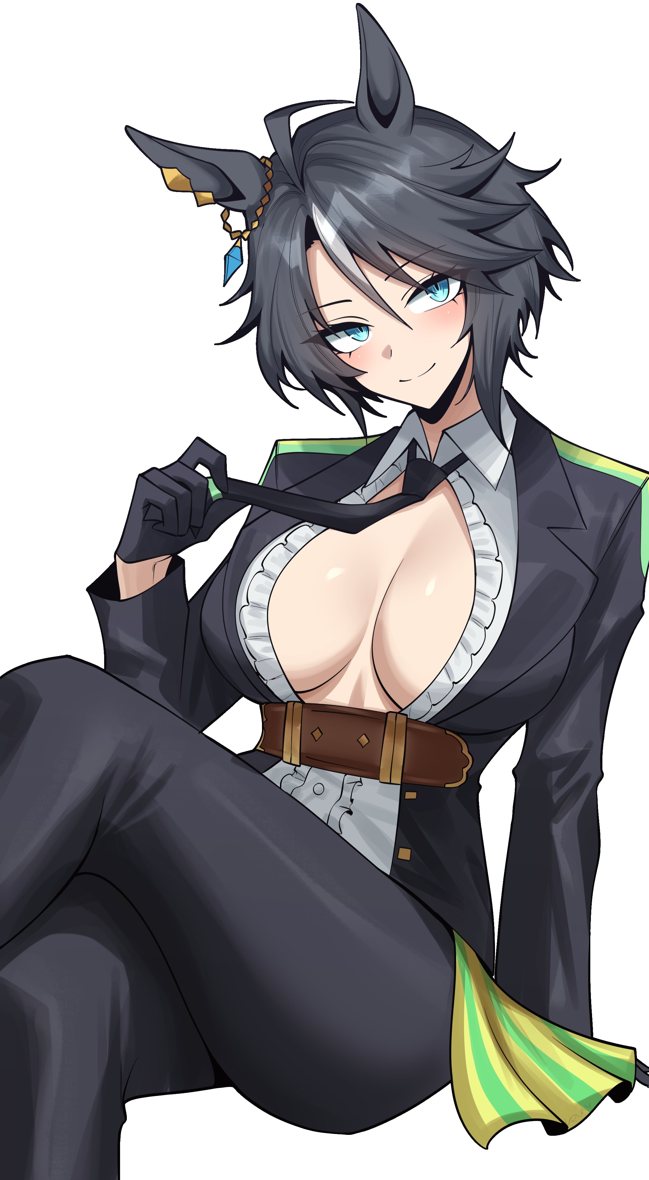 vvernerluniq, fuji kiseki (umamusume), umamusume, absurdres, commentary request, highres, 1girl, animal ears, black gloves, black hair, black pants, blue eyes, breasts, center frills, center opening, cleavage, closed mouth, clothes lift, frilled shirt, frills, gloves, head tilt, horse ears, invisible chair, jacket, large breasts, lifting own clothes, long sleeves, looking at viewer, multicolored hair, necktie lift, no bra, open clothes, open jacket, pants, shirt, short hair, sitting, smile, solo, streaked hair, white hair, white shirt