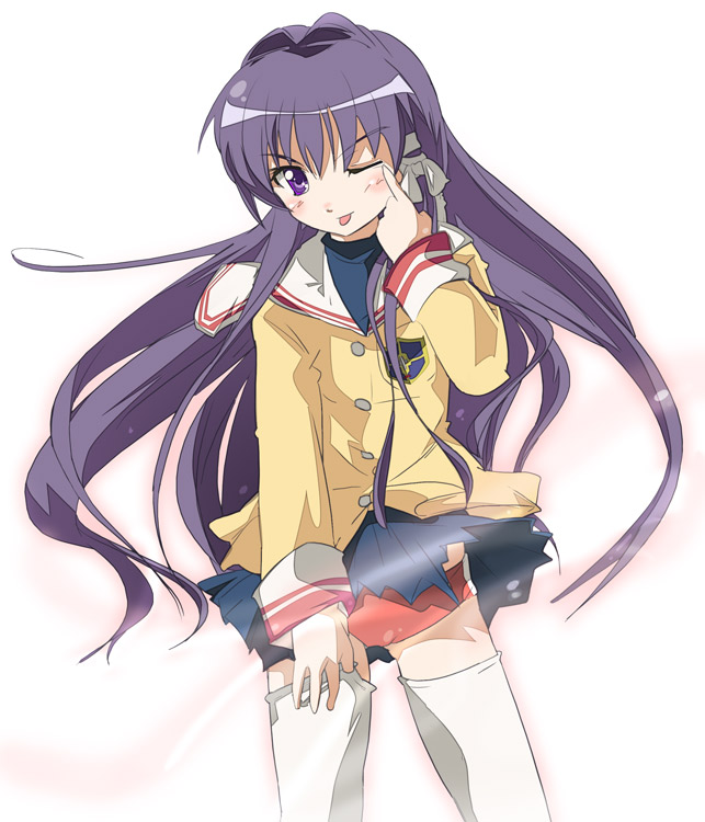 ixy, fujibayashi kyou, clannad, 00s, :p, ;p, buruma, clothes lift, long hair, one eye closed, purple eyes, purple hair, school uniform, serafuku, skirt, skirt lift, solo, thighhighs, tongue, tongue out, wind, wind lift, wink, zettai ryouiki