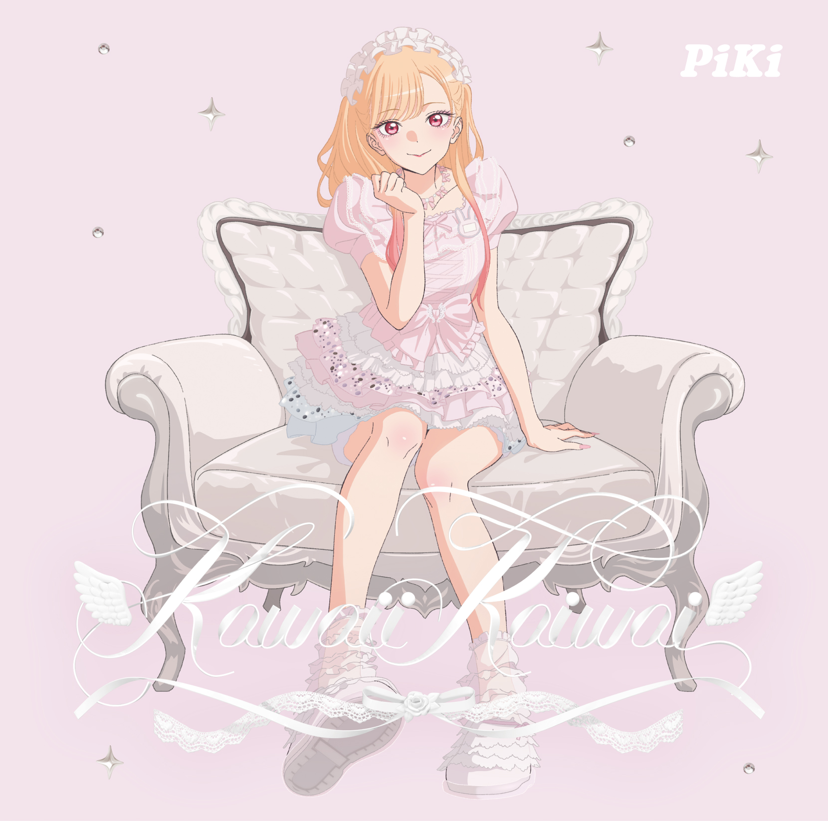 maring song, kitagawa marin, sono bisque doll wa koi wo suru, highres, official art, second-party source, 1girl, album cover, blonde hair, boots, chair, closed mouth, colored tips, cover, dress, fake nails, frilled dress, frilled socks, frills, full body, long hair, looking at viewer, multicolored hair, nail polish, on chair, piki (group), pink background, pink dress, pink eyes, pink nails, short sleeves, simple background, sitting, socks, solo, song name, white boots, white headdress, white socks