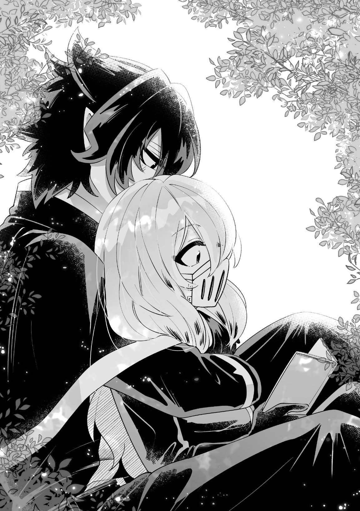 naberius kalego, mairimashita! iruma-kun, highres, 2boys, balam shichiro, between legs, book, capelet, gloves, greyscale, holding, holding book, hug, hug from behind, isiko mim z, long hair, long sleeves, looking at object, male focus, mask, monochrome, mouth mask, multiple boys, pointy ears, school uniform, short hair, sitting, skirt, yaoi