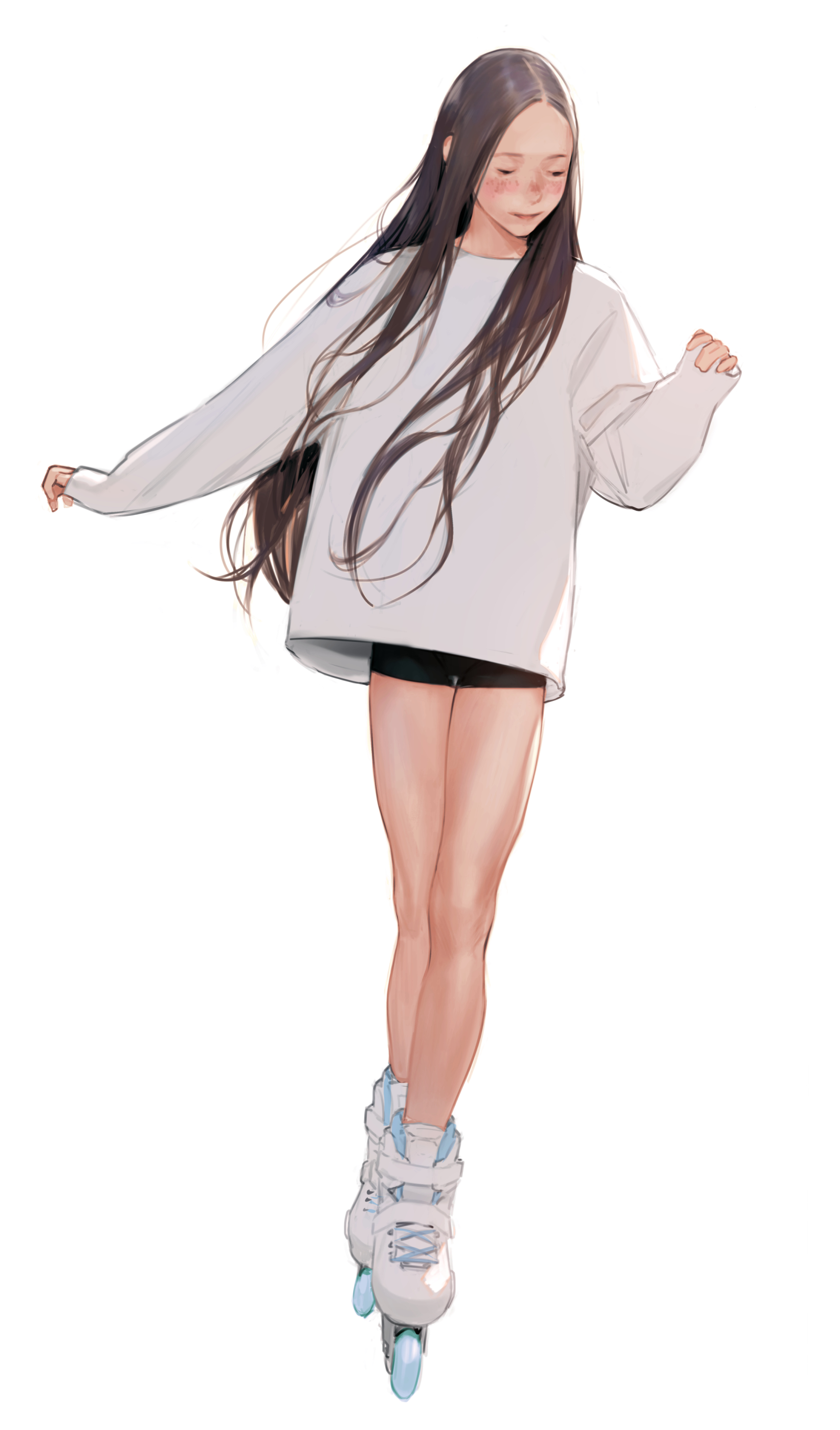luimiart, original, absurdres, highres, 1girl, bike shorts, blush, brown hair, closed eyes, freckles, full body, long hair, roller skates, simple background, skates, smile, solo, white background