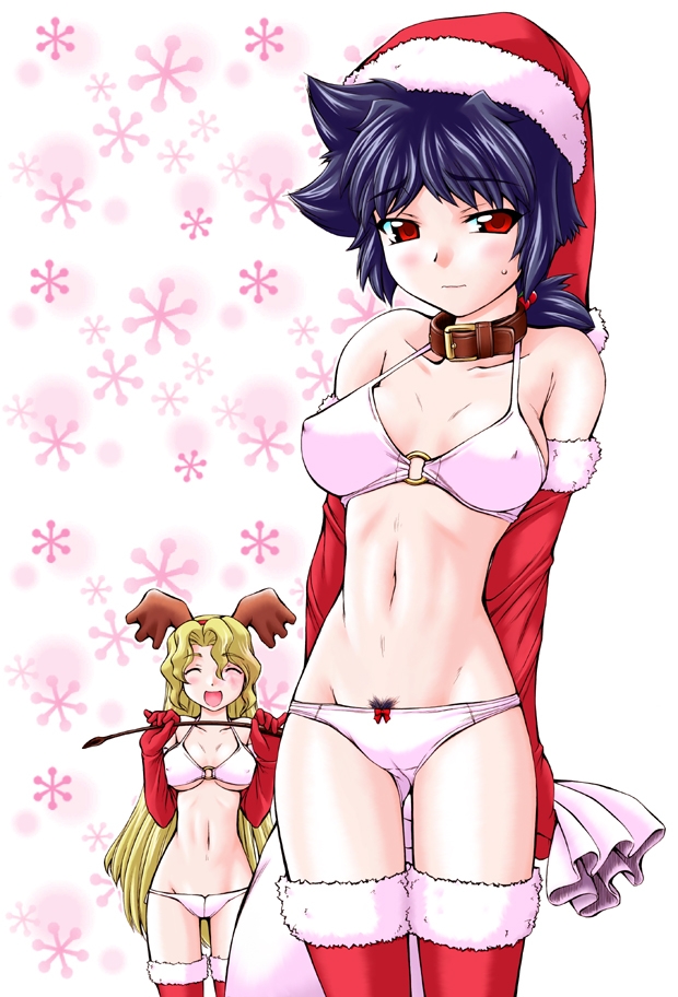 nakajima rei, maggie mui, michelle cheung, r.o.d the tv, read or die, fur, red legwear, 00s, 2girls, :d, ^ ^, animal costume, antlers, arms behind back, blonde hair, blush, bow, bow panties, bra, breasts, cameltoe, christmas, closed eyes, collar, covered erect nipples, elbow gloves, female pubic hair, gloves, hairband, hat, holding, holding riding crop, horns, lingerie, long hair, lowleg, lowleg panties, multiple girls, navel, o-ring, o-ring top, open mouth, panties, ponytail, pubic hair, red eyes, red gloves, reindeer costume, riding crop, sack, santa costume, santa hat, sideboob, smile, snowflakes, standing, thigh gap, thighhighs, thighs, underboob, underwear, underwear only, very long hair, wavy hair, whip, white panties