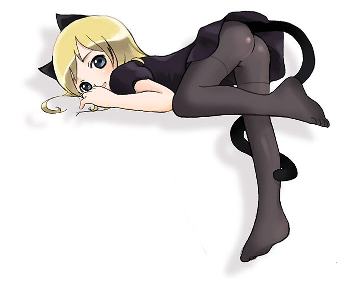 kicham, bad id, bad pixiv id, copyright request, animal ears, bent over, blonde hair, blue eyes, feet, pantyhose, solo, tail