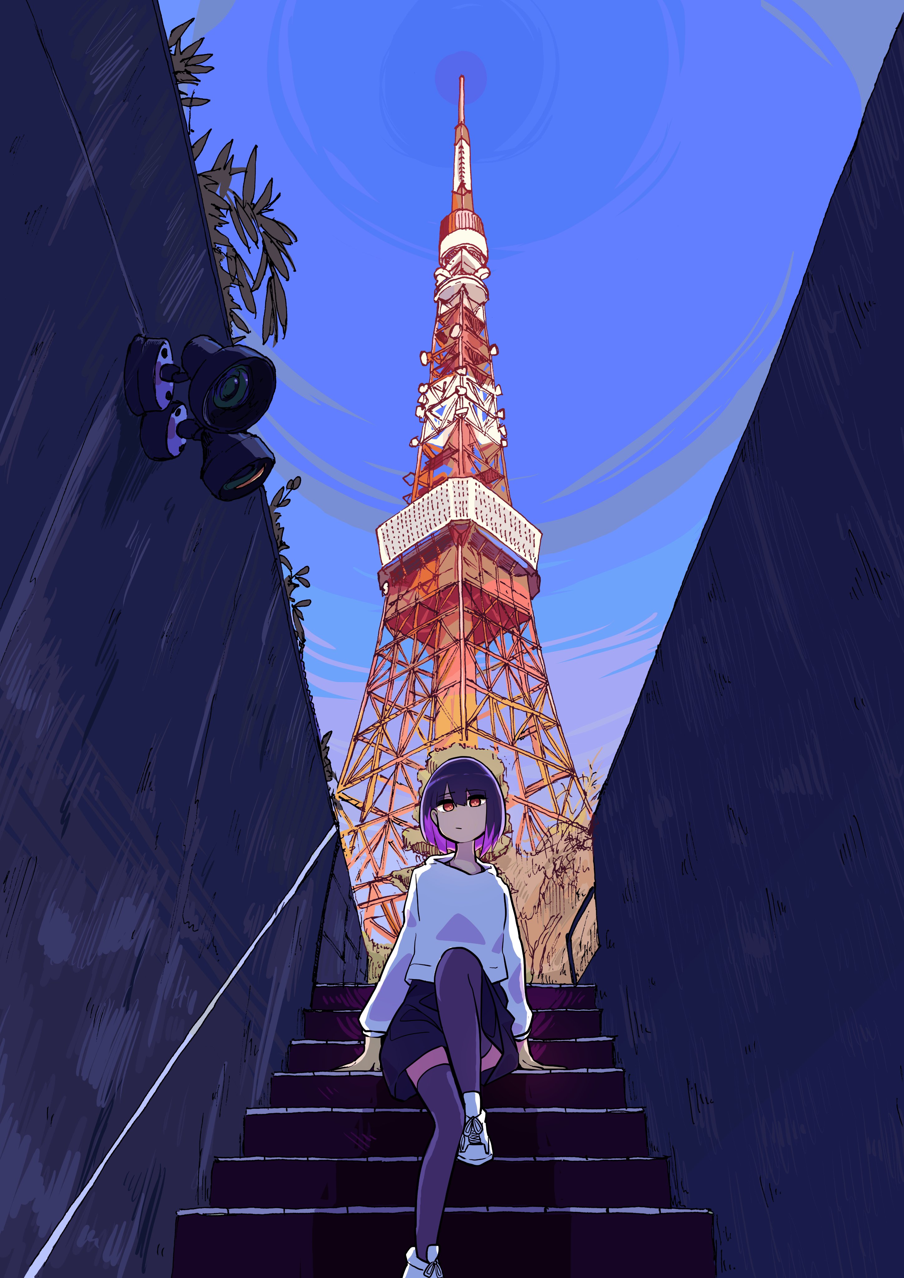 nickel ni plus, original, absurdres, commentary request, highres, 1girl, black hair, black skirt, blue sky, closed mouth, day, hair between eyes, long sleeves, looking at viewer, multicolored hair, outdoors, plant, purple hair, red eyes, shoes, short hair, sitting, skirt, sky, solo, stairs, thighhighs, tokyo tower, tower, white shoes