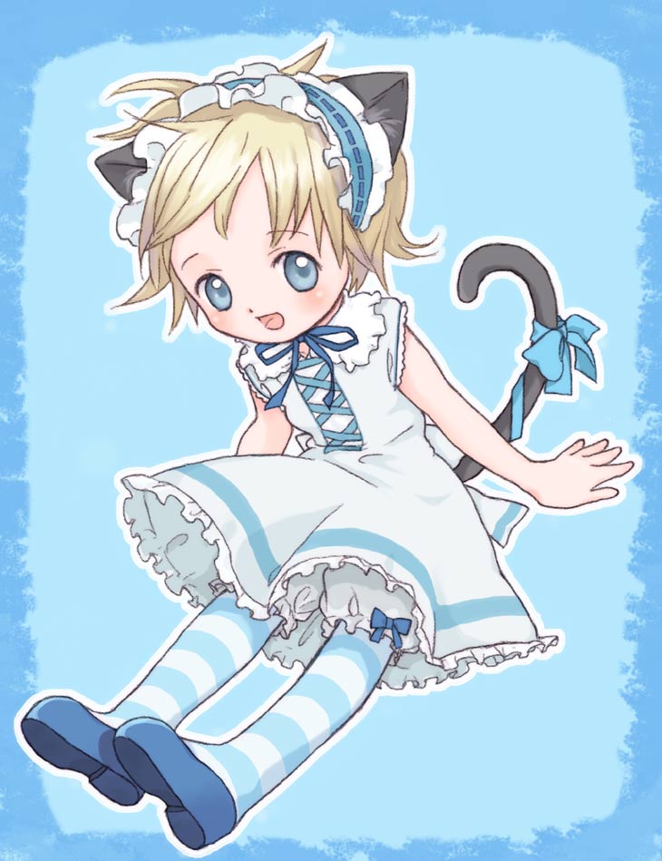 kicham, bad id, bad pixiv id, animal ears, arm support, blonde hair, bloomers, blue eyes, child, gothic lolita, happy, lolita fashion, pantyhose, ribbon, short hair, sitting, solo, striped clothes, striped pantyhose, tail, tail ornament, tail ribbon, thighhighs, underwear, white bloomers
