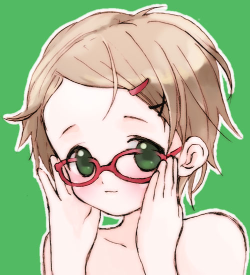 kicham, bad id, bad pixiv id, adjusting eyewear, blush, brown hair, glasses, green eyes, hair ornament, hairclip, short hair, solo