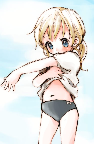 kicham, bad id, bad pixiv id, blonde hair, blue eyes, blush, buruma, gym uniform, long hair, midriff, navel, solo