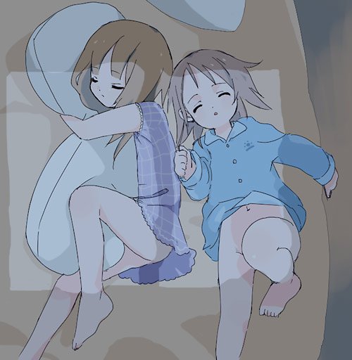 kicham, bad id, bad pixiv id, copyright request, 2girls, barefoot, bed, bottomless, feet, hugging object, loli, lying, multiple girls, navel, night, no panties, on back, on side, pajamas, pillow, pillow hug, sleeping, toes