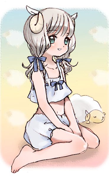 kicham, bad id, bad pixiv id, 1girl, animal ears, barefoot, bloomers, camisole, child, feet, female focus, green eyes, hair ribbon, horns, long hair, monster girl, ribbon, sheep, sheep ears, sheep girl, sheepgirl, smile, solo, toes, twintails, underwear, white bloomers, white hair