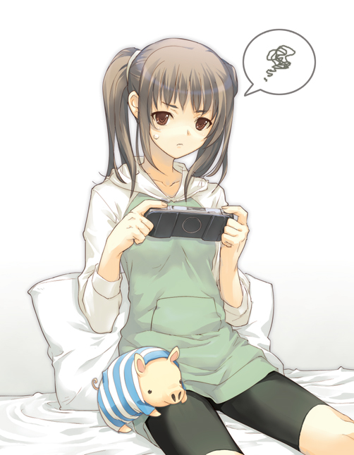 dasoku sentarou, poogie, capcom, monster hunter (series), original, 1girl, bike shorts, brown eyes, brown hair, female focus, handheld game console, pig, playing games, playstation portable, shorts, sitting, solo, spoken squiggle, squiggle, twintails, video game