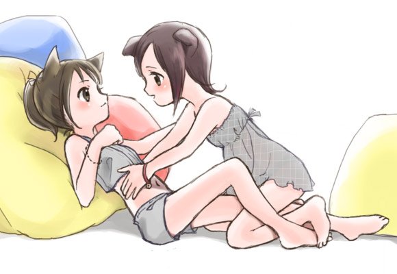kicham, bad id, bad pixiv id, 2girls, animal ears, barefoot, blush, brown hair, camisole, feet, loli, midriff, multiple girls, pillow, short hair, toes, yuri