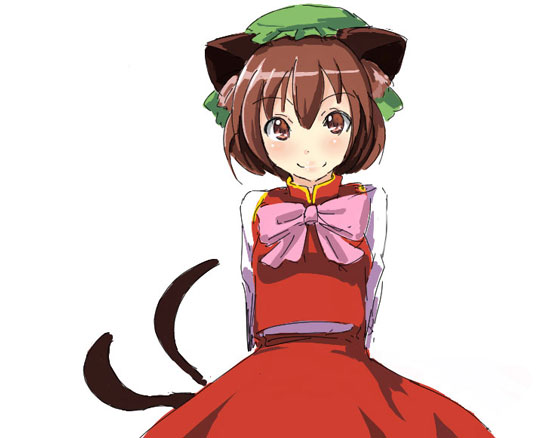 gin'ichi (akacia), ginichi, chen, touhou, 1girl, animal ears, arms behind back, bow, bowtie, brown hair, cat ears, cat girl, cat tail, female focus, hat, looking at viewer, multiple tails, red eyes, simple background, smile, solo, tail