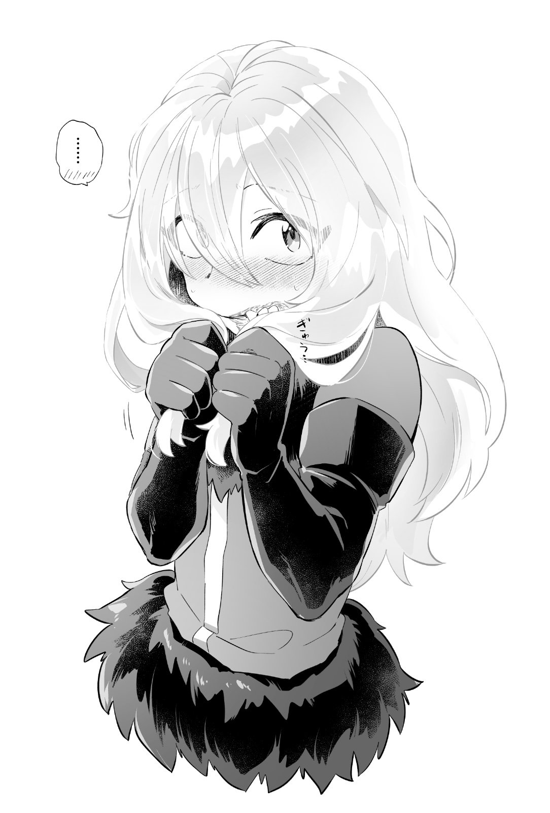 mairimashita! iruma-kun, highres, …, 1boy, balam shichiro, blush, elbow gloves, embarrassed, eyes visible through hair, fur trim, gloves, greyscale, hair between eyes, holding, holding own hair, isiko mim z, long hair, looking at viewer, male focus, monochrome, scar, scar on face, scar on mouth, shirt, simple background, solo, spoken ellipsis, teeth, trap, upper body, white background