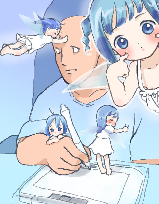 kicham, bad id, bad pixiv id, 1boy, 4girls, barefoot, blue eyes, blue hair, blush, drawing tablet, fairy, flying, hug, mini person, minigirl, multiple girls, short hair, size difference, stylus, wings