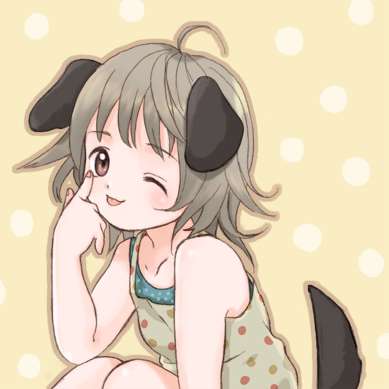 kicham, bad id, bad pixiv id, :p, ;p, animal ears, brown eyes, brown hair, camisole, child, dog ears, dog tail, one eye closed, polka dot, short hair, solo, tail, tongue, tongue out, wink
