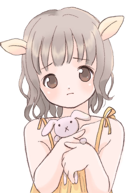 kicham, bad id, bad pixiv id, 1girl, animal ears, brown eyes, brown hair, camisole, female focus, hug, short hair, simple background, solo, stuffed animal, stuffed rabbit, stuffed toy, upper body, white background