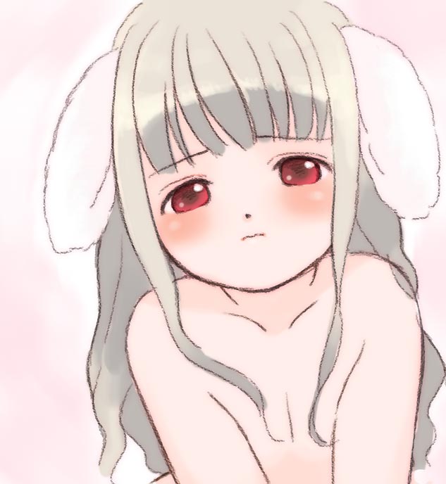kicham, bad id, bad pixiv id, animal ears, blush, grey hair, long hair, red eyes, solo, topless female