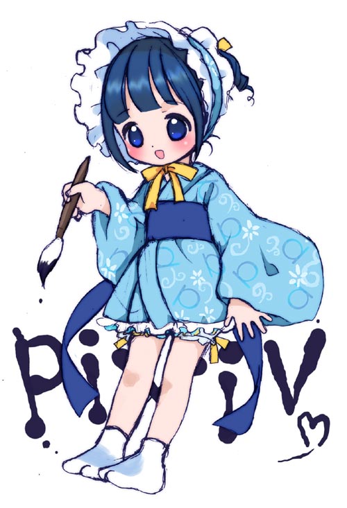 kicham, pixiv, bad id, bad pixiv id, blue eyes, blue hair, blush, calligraphy brush, happy, japanese clothes, kimono, paint, paintbrush, socks, solo, tabi, writing