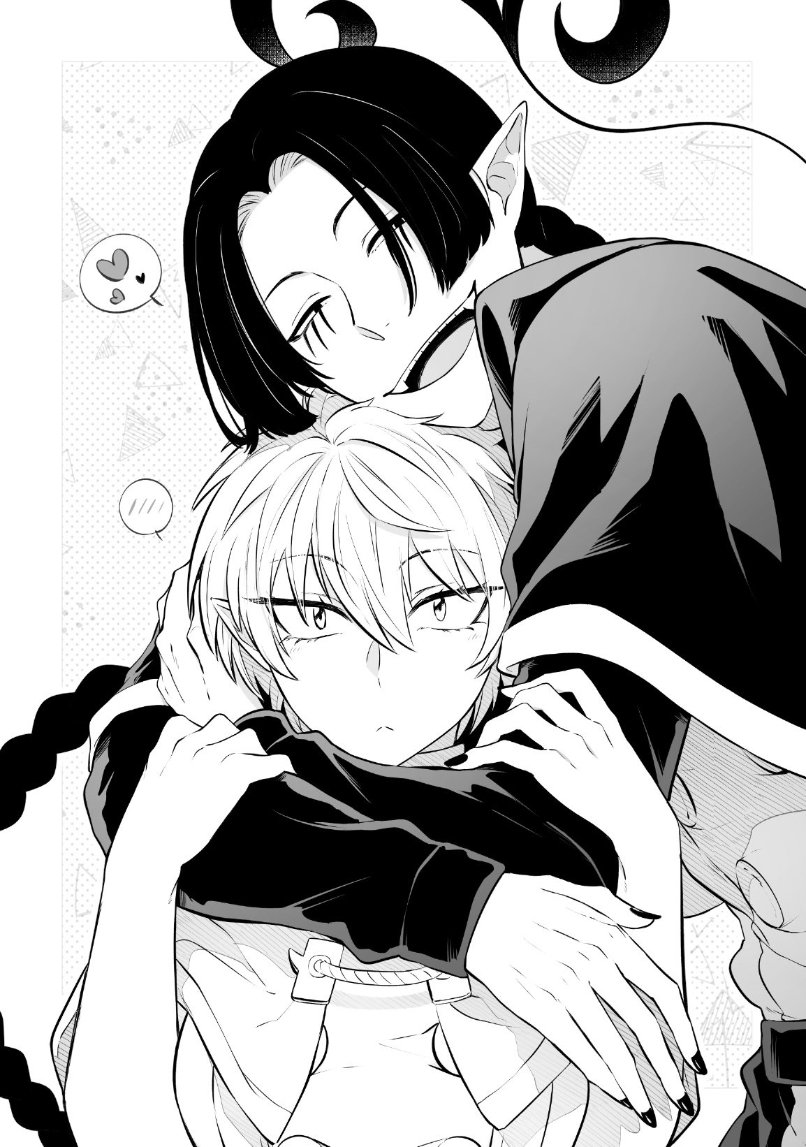 mairimashita! iruma-kun, highres, 1boy, 1girl, atori (iruma-kun), braid, capelet, chinese text, closed mouth, curtained hair, expressionless, greyscale, hair between eyes, heart, hug, isiko mim z, long hair, long sleeves, looking at viewer, makeup, monochrome, nail polish, open mouth, pointy ears, shiida (iruma-kun), short hair, simplified chinese text, smile, spoken blush, spoken heart, upper body, very long hair, white background