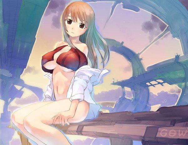 tougetsu gou, original, bad id, bad pixiv id, 1girl, bottomless, breasts, brown eyes, brown hair, female focus, large breasts, legs, long hair, open clothes, open shirt, shirt, sitting, solo, underboob
