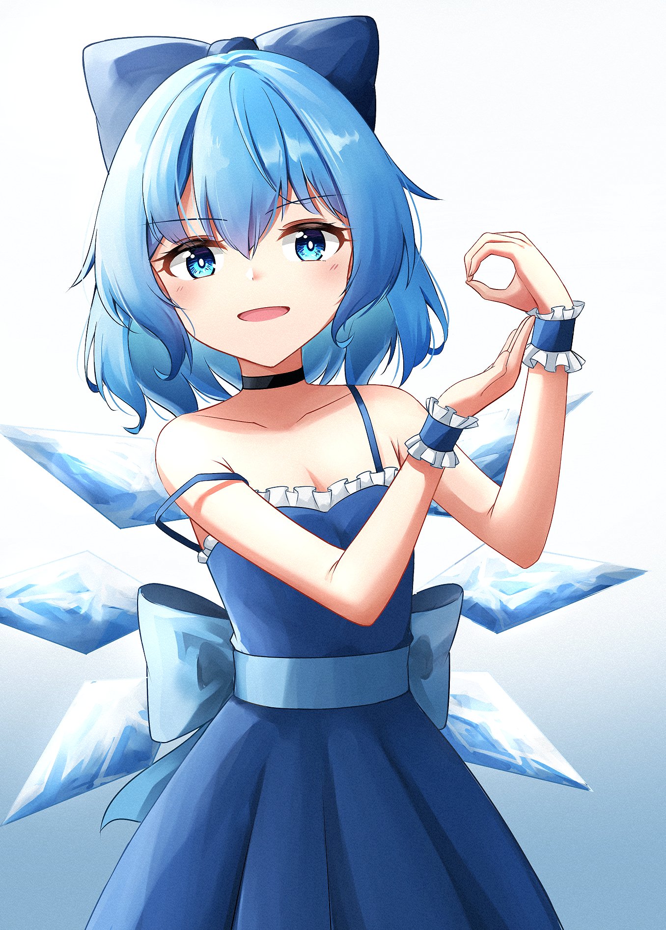 kuneamorai, cirno, touhou, highres, blue dress, blue eyes, blue hair, dress, hair ribbon, ice, ice wings, looking at viewer, medium hair, ribbon, solo, wings, wrist cuffs