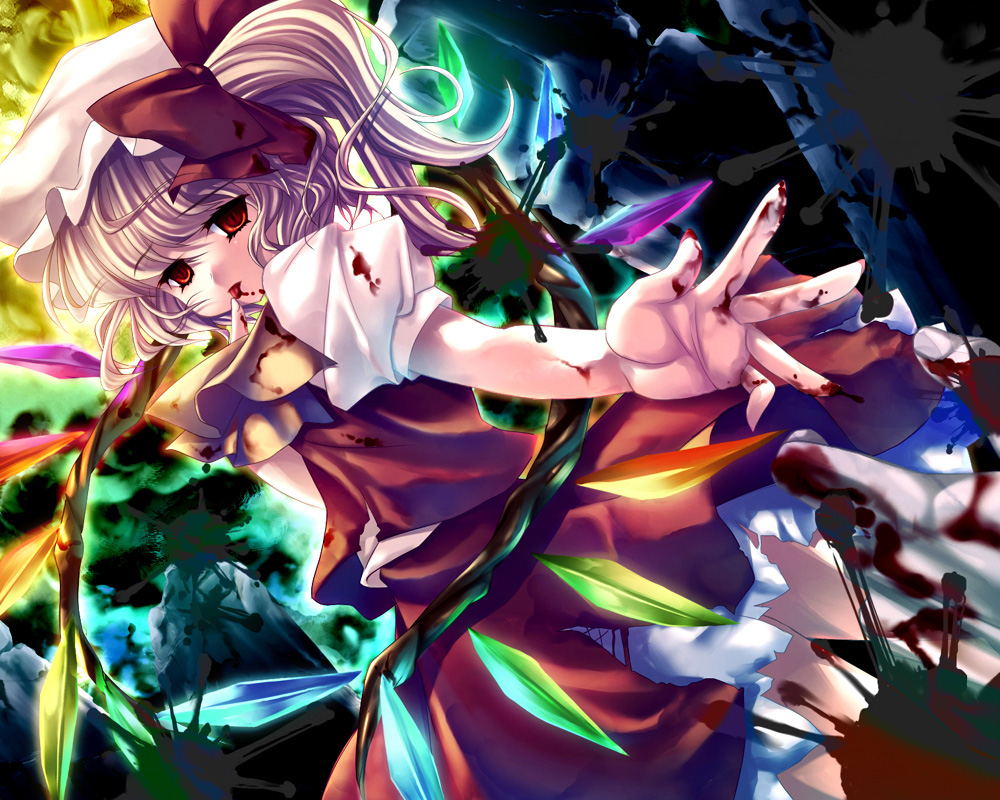 flandre scarlet, touhou, 1girl, :o, blood, blood on hands, cowboy shot, crystal, dress, dutch angle, female focus, finger to mouth, hat, looking at viewer, mob cap, open mouth, outstretched arm, puffy short sleeves, puffy sleeves, red dress, red eyes, short sleeves, slit pupils, solo, wings