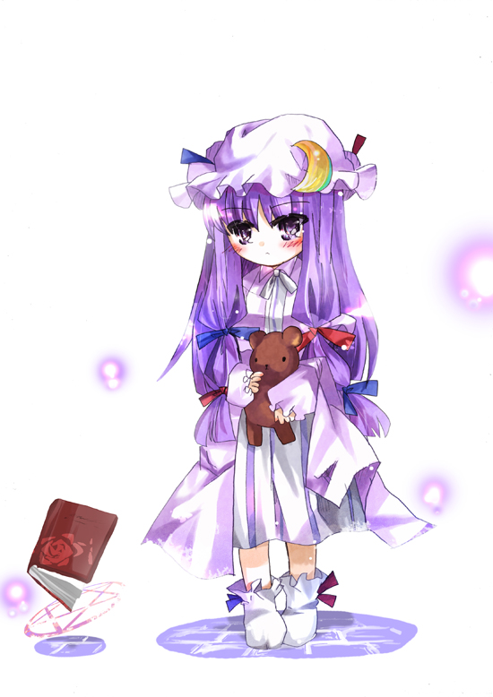 aquamarine, patchouli knowledge, touhou, 1girl, female focus, hat, purple eyes, purple hair, solo, stuffed animal, stuffed toy, teddy bear