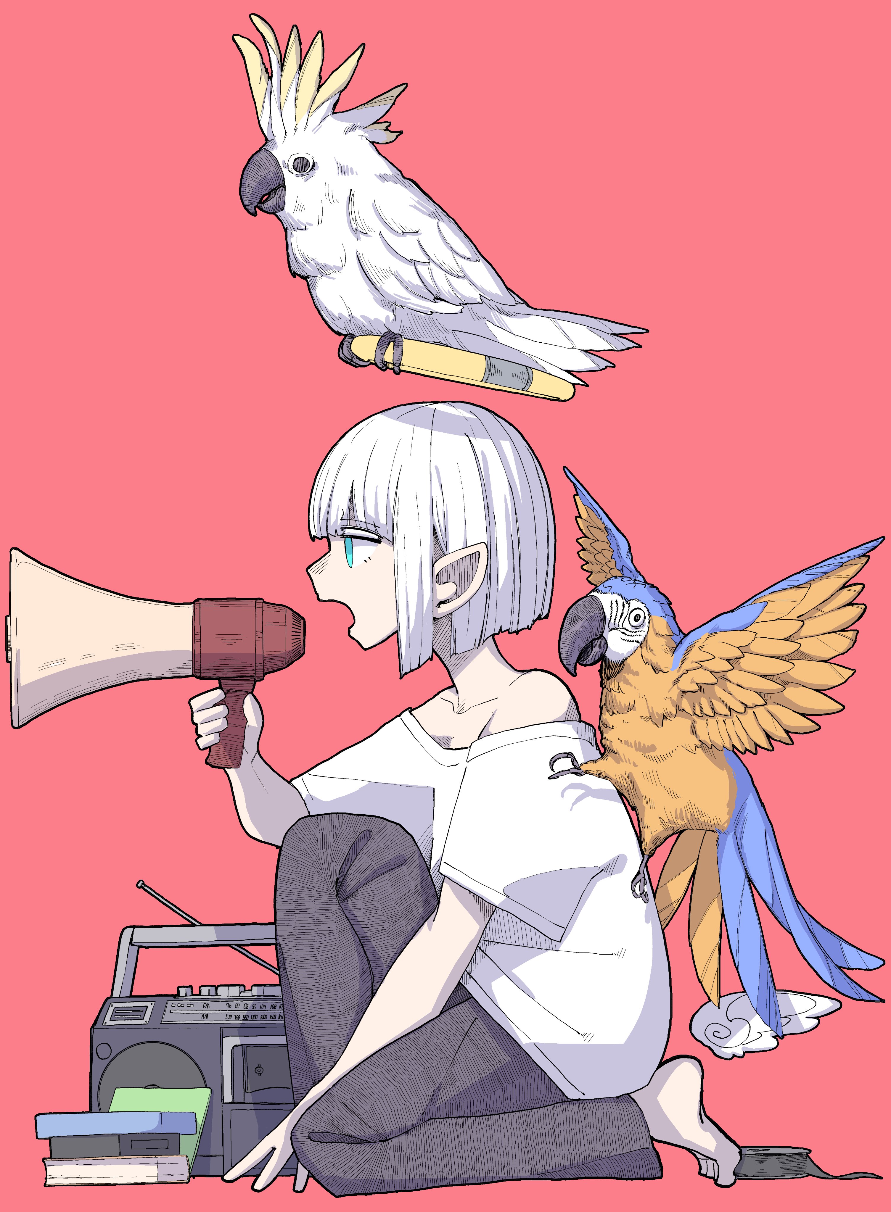 nickel ni plus, original, absurdres, commentary request, highres, 1girl, animal, animal on shoulder, aqua eyes, barefoot, bird, bird on shoulder, black pants, boombox, cockatiel, detached wings, from side, halo, holding, holding megaphone, megaphone, pants, parrot, pointy ears, profile, red background, shirt, short hair, short sleeves, simple background, sitting, solo, white hair, white shirt, wings